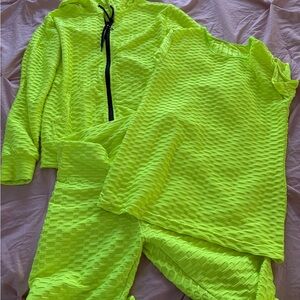 Neon Yellow Textured Hoodie and Shorts Set